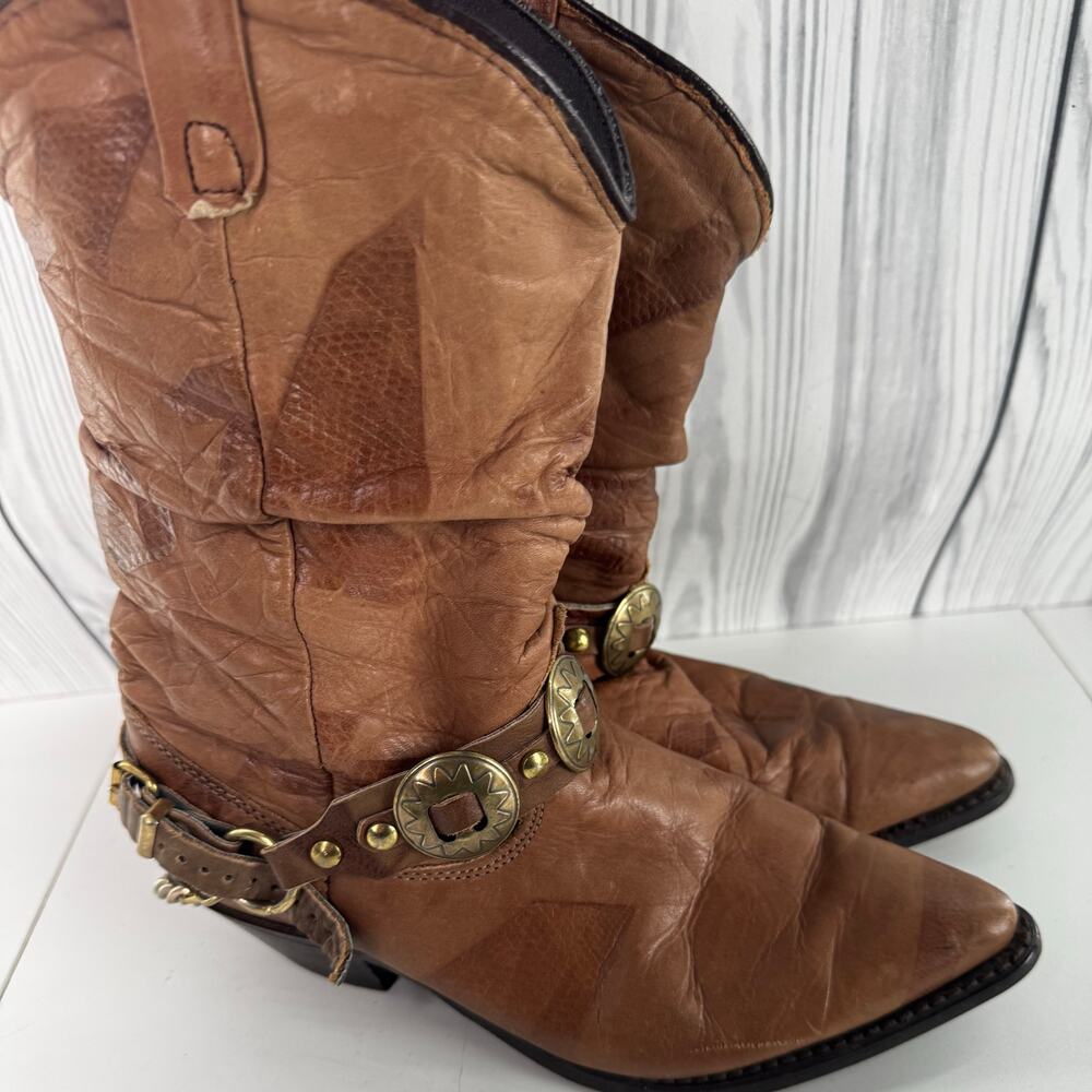 Vtg Dingo Boots Women Size 6.5 Olivia Slouch Chain Harness Concho Brown Leather